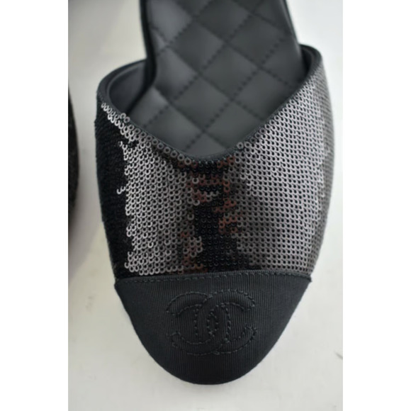 Chanel 20S Black Sequin CC Logo Mary Jane Ankle Strap Ballet Ballerina Flat 38 - Picture 6 of 12